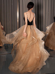 Champagne Velvet Formal Dress V Neck Tulle Long Evening Dress