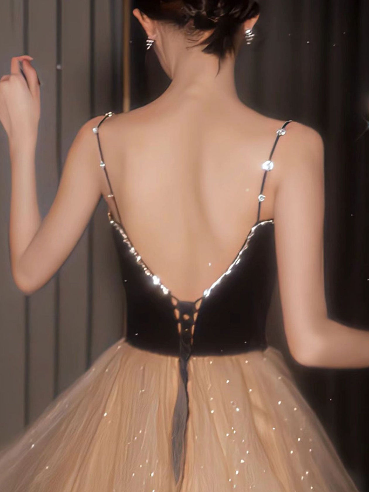 Champagne Velvet Formal Dress V Neck Tulle Long Evening Dress