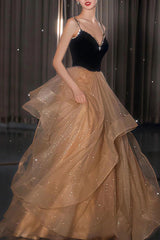Champagne Velvet Formal Dress V Neck Tulle Long Evening Dress