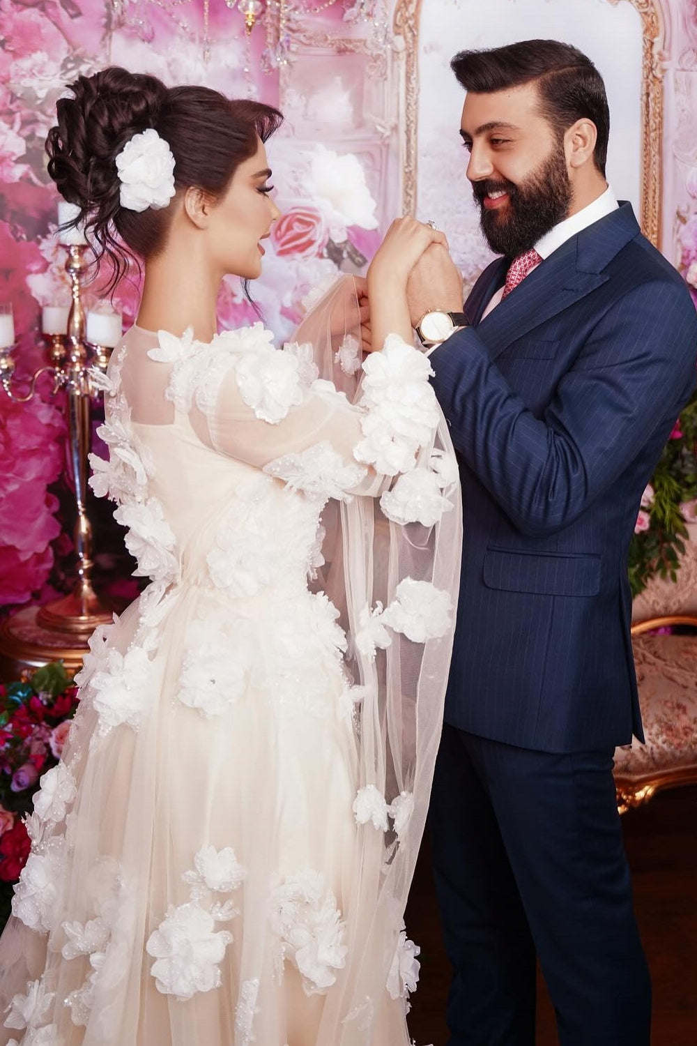 Champagne Wedding Dress A Line Square Beaded Illusion Sleeves Sequined Long Tulle Bridal Gown With 3D Flowers