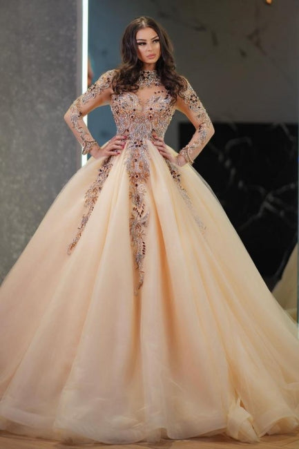 Champagne Wedding Dress Long Sleeves High Neck Beaded Ball Gown Tulle Bridal Gown With Rhinestone