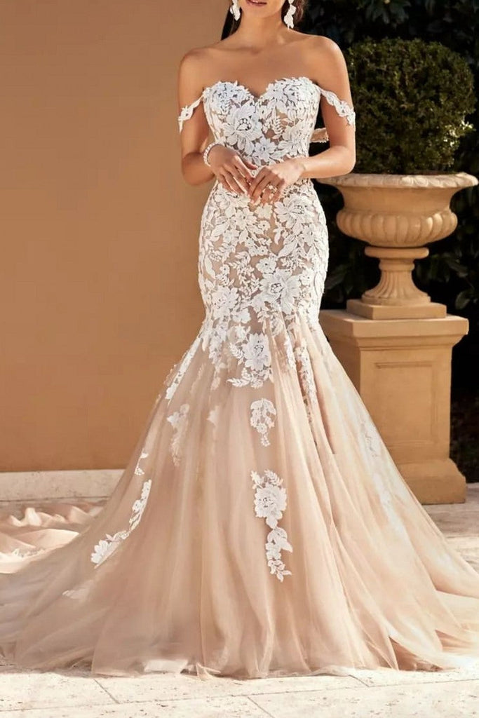 Champagne Wedding Dress Mermaid/Trumpet Off The Shoulder Bridal Dress