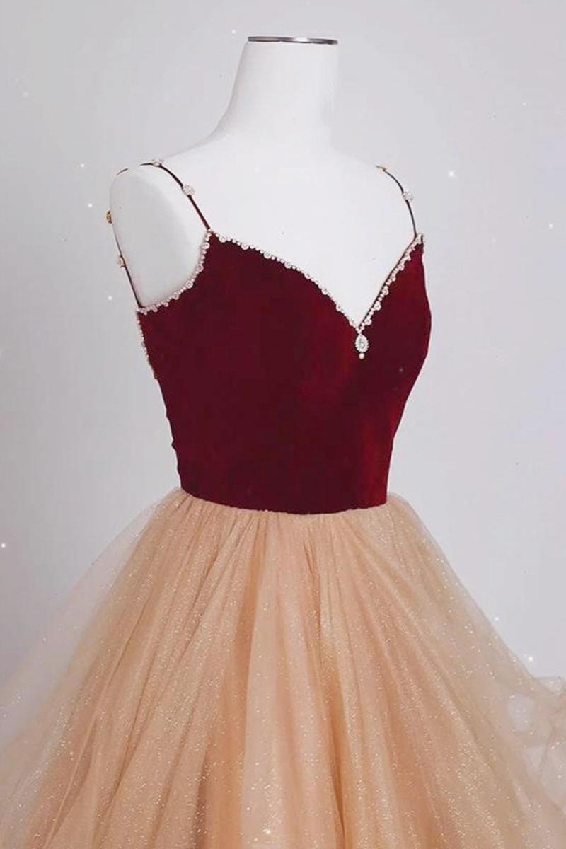 Champagne/Burgundy Prom Dress Long A Line Tulle Formal Graduation Dress Evening Dress