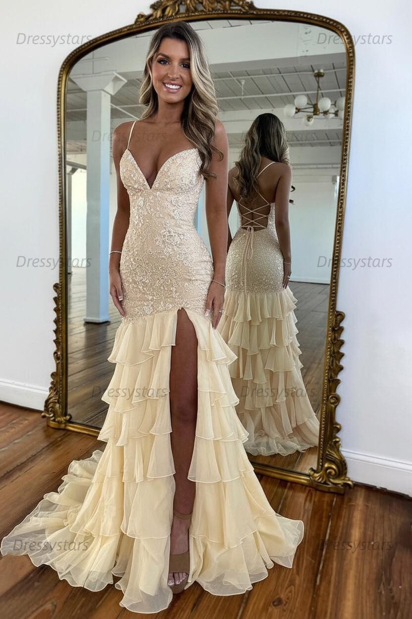 Dressystars Yellow Mermaid Spaghetti Straps Lace Up Long Prom Dress With Ruffle Skirt Formal Evening Gown
