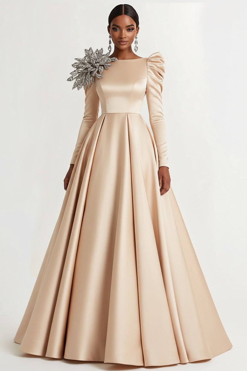 Dressystars A-Line Long Black Wedding Guest Dress Satin Boat Neck Formal Dress With Long Sleeves