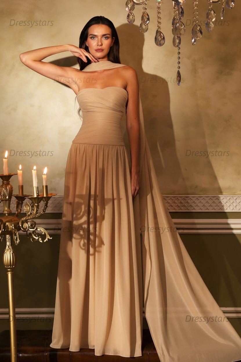 Orange A Line Prom Dress Sleeveless Strapless Formal Dress