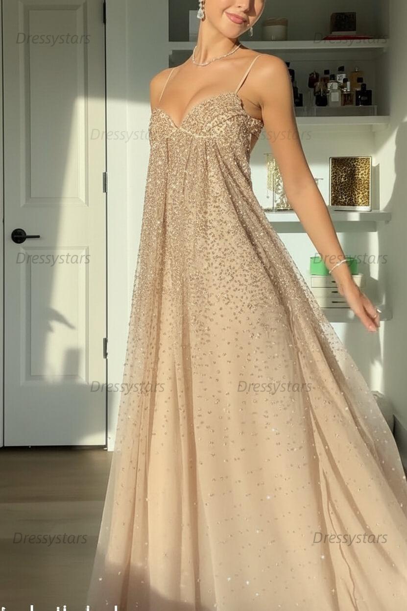 Dressystars Bling A Line Spaghetti Straps Grey Blue Long Party Dress With Beading Formal Evening Gown