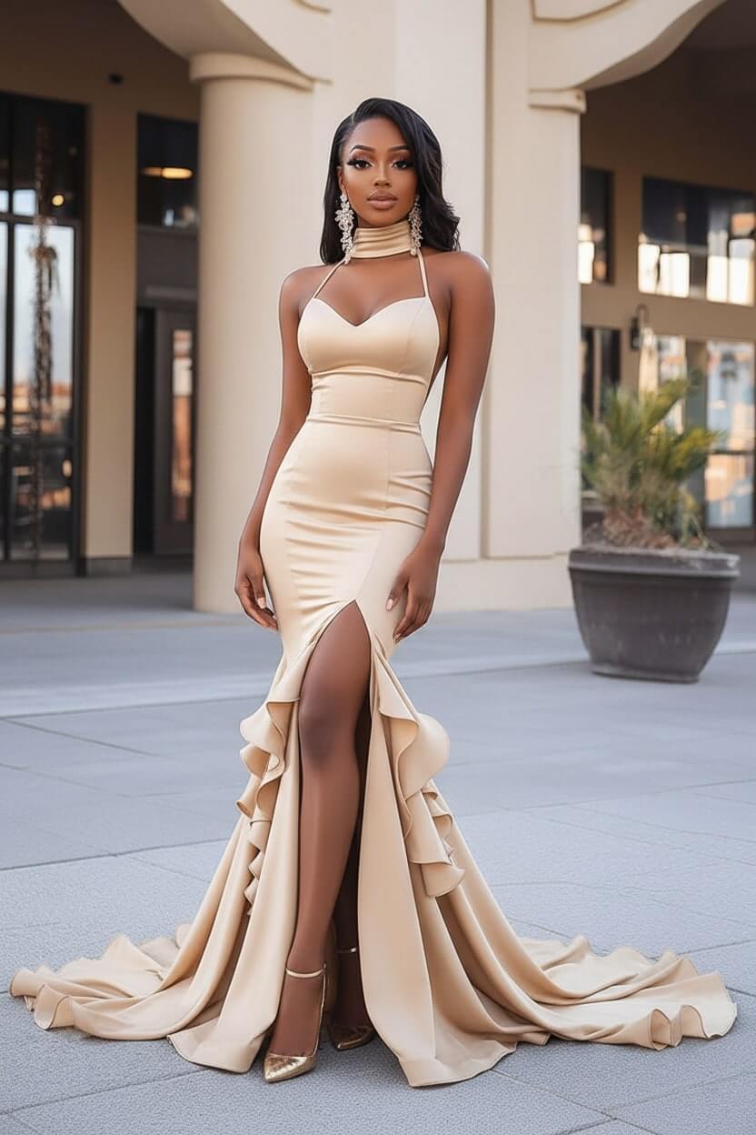 Dressystars Black Wedding Guest Dress Ruffled Mermaid Long Prom Dress With Slit