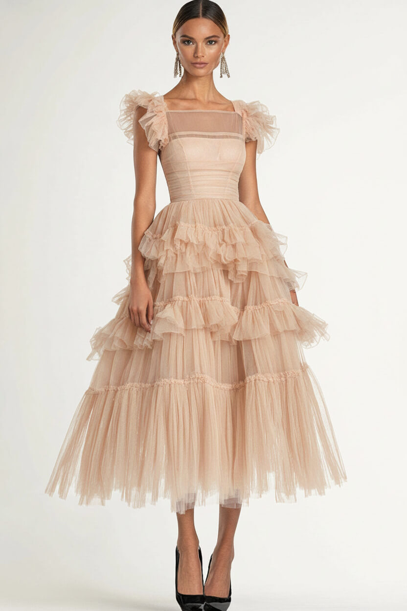Dressystars Tea Length Black Wedding Guest Dress A-Line Flatter Sleeves Tulle Formal Dress With Ruffles