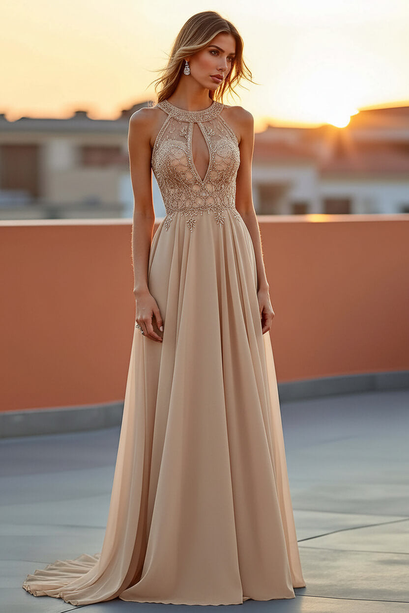 Dressystars Beaded Navy Wedding Guest Dress Halter Long Formal Dress With Embroideries