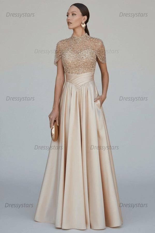 Green A Line Prom Dress Short Sleeve High Neck Formal Dress With Beadings and Rhinestones