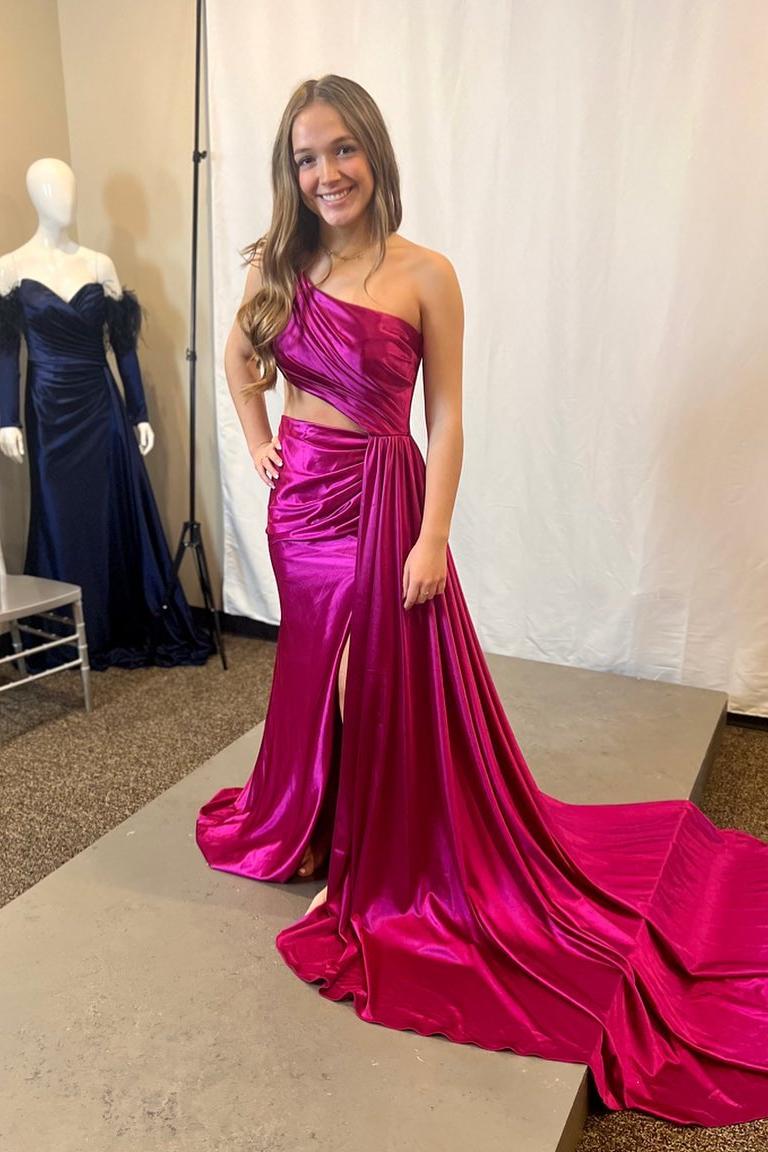 Charming Mermaid Prom Dress One Shoulder Satin Evening Dress With Split