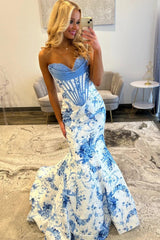 Mermaid Sweetheart Blue Corset Prom Dress With Appliques Formal Evening Gown