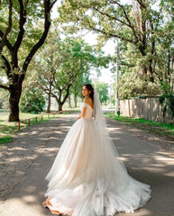 Charming Open Back Off the Shoulder Ball Gown Wedding Dress