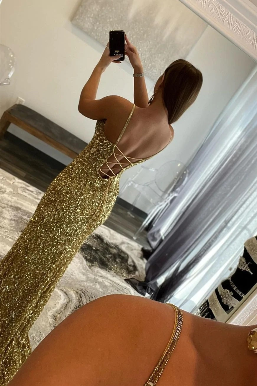 Charming Prom Dress Mermaid V Nekc Gold Sequin Long Evening Dress with Split