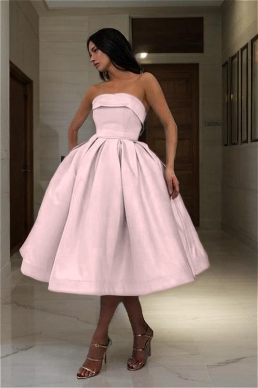 Chic Blue Strapless Homecoming Dress Sleeveless A Line Short Cocktail Dress With Pleated