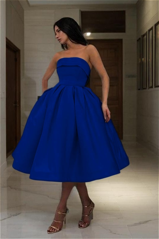 Chic Blue Strapless Homecoming Dress Sleeveless A Line Short Cocktail Dress With Pleated