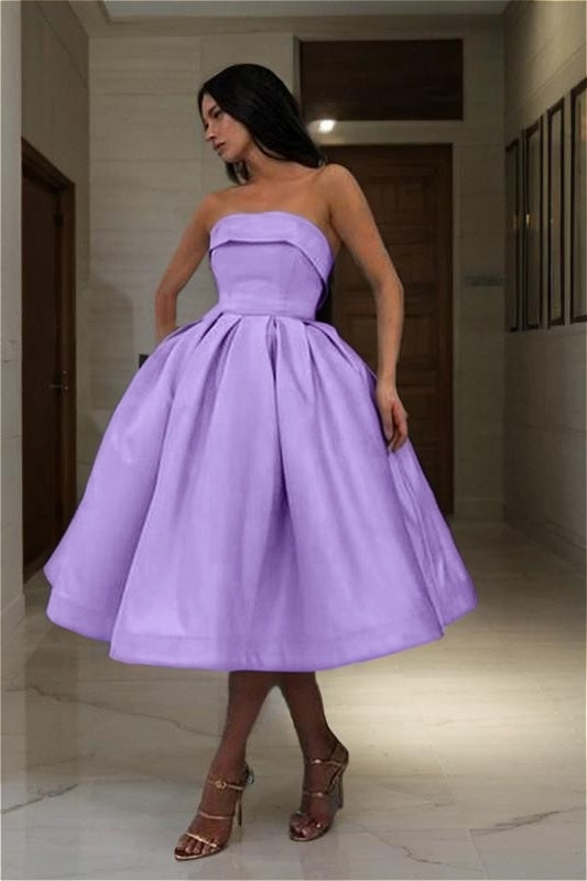 Chic Blue Strapless Homecoming Dress Sleeveless A Line Short Cocktail Dress With Pleated