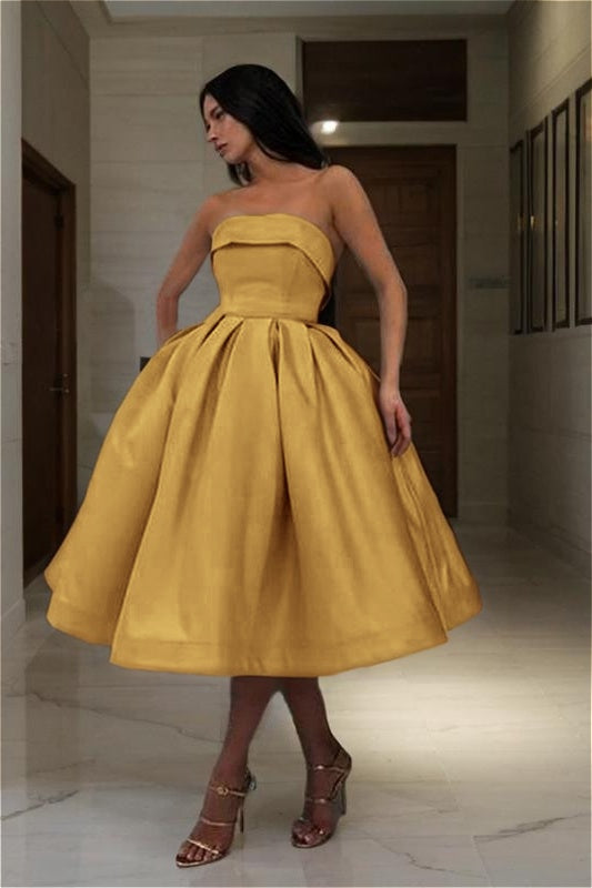 Chic Blue Strapless Homecoming Dress Sleeveless A Line Short Cocktail Dress With Pleated