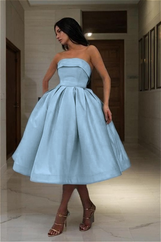 Chic Blue Strapless Homecoming Dress Sleeveless A Line Short Cocktail Dress With Pleated