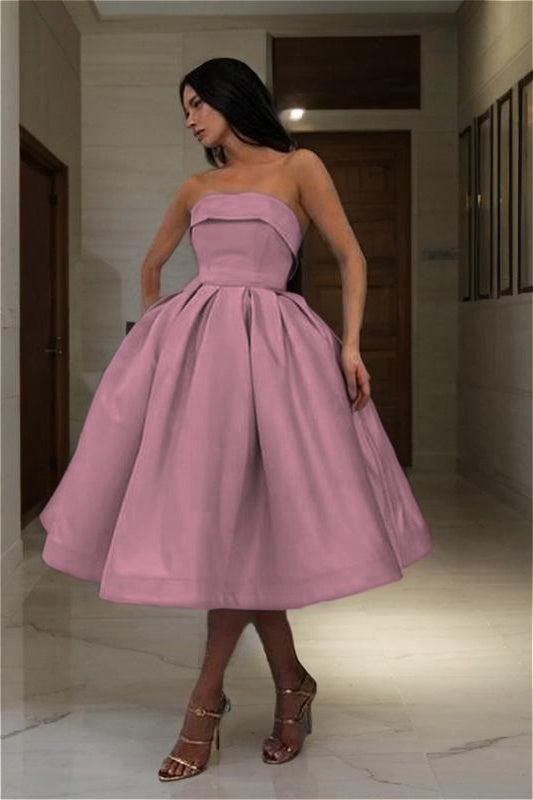 Chic Blue Strapless Homecoming Dress Sleeveless A Line Short Cocktail Dress With Pleated