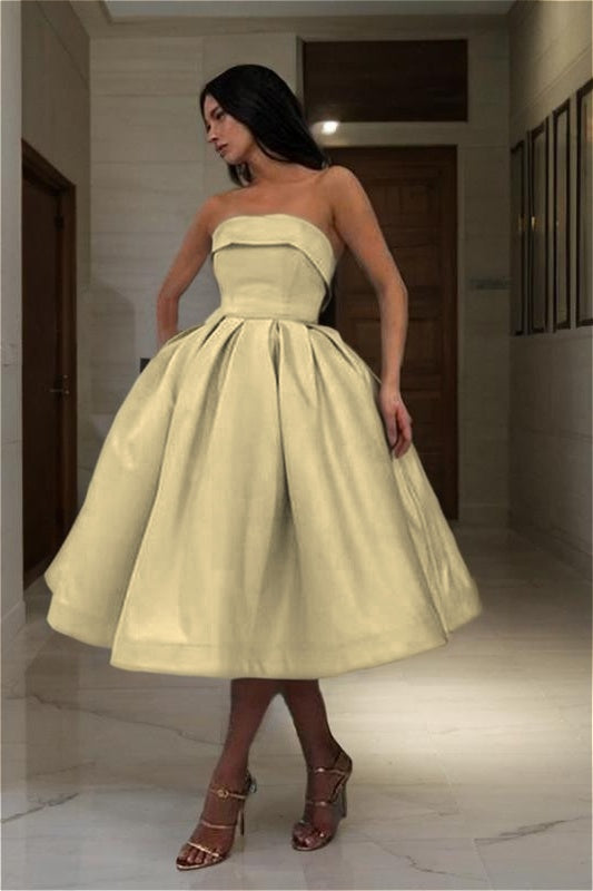 Chic Blue Strapless Homecoming Dress Sleeveless A Line Short Cocktail Dress With Pleated