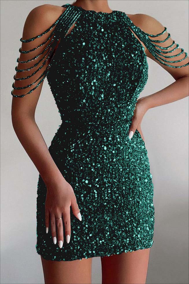 Chic Champagne Sequined Homecoming Dress Gold Jewel Neck Short Cocktail Dress With Beadings
