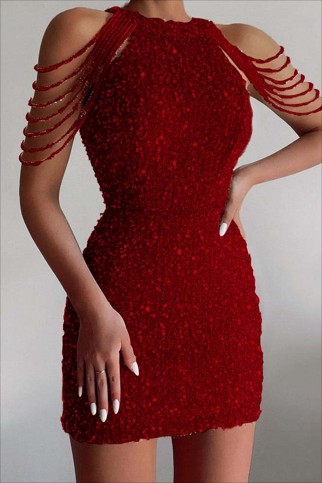 Chic Champagne Sequined Homecoming Dress Gold Jewel Neck Short Cocktail Dress With Beadings