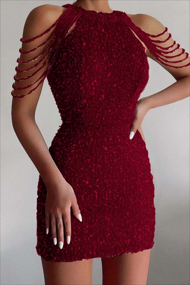 Chic Champagne Sequined Homecoming Dress Gold Jewel Neck Short Cocktail Dress With Beadings