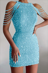 Chic Champagne Sequined Homecoming Dress Gold Jewel Neck Short Cocktail Dress With Beadings