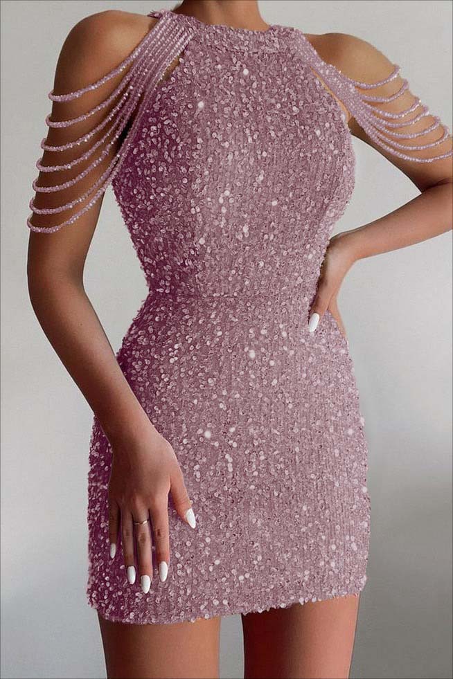 Chic Champagne Sequined Homecoming Dress Gold Jewel Neck Short Cocktail Dress With Beadings