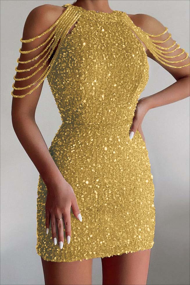 Chic Champagne Sequined Homecoming Dress Gold Jewel Neck Short Cocktail Dress With Beadings