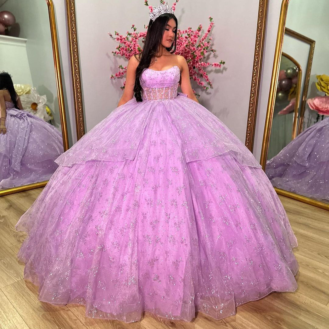 Chic & Glitter Ball Gown Strapless Tiered Bow Knot Lilac Tulle Quinceanera Dressprincess Evening Party Gown For Sweet 16