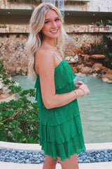 Chic Homecoming Dress Green Shoulder Strap Ruffle Tiered Pleated Party Short Party Cocktail Dress