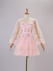 Chic Homecoming Dress Sweetheart Collar Embroidery Tulle Puff Sleeves Short Party Cocktail Dress
