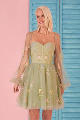 Chic Homecoming Dress Sweetheart Collar Embroidery Tulle Puff Sleeves Short Party Cocktail Dress