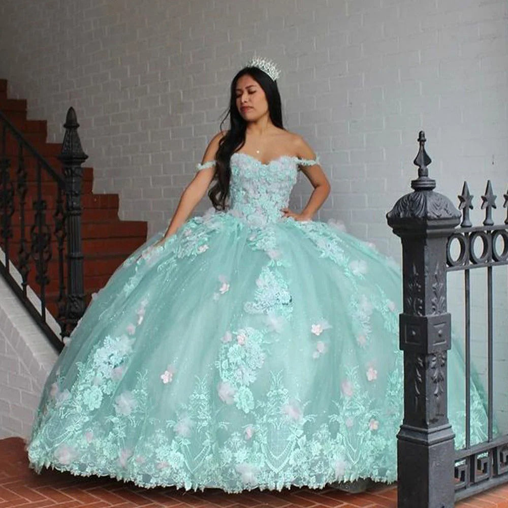 Dressystars Chic & Modern Ball Gown Off Shoulder Flowers Lace Appliques Beaded Tiered Mint Green Tulle Princess Birthday Party Gown Quinceanera Dress For Sweet 16 Dressystars Chic & Modern Ball Gown Off Shoulder Flowers Lace Appliques Beaded Tiered Mint Green Tulle Princess Birthday Party Gown Quinceanera Dress For Sweet 16