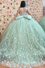 Chic & Modern Ball Gown Off Shoulder Sleeveless Pleated 3D Butterflies Appliques Big Bow Knot Mint Green Tulle Quinceanera Dress Birthday Party Dress For Sweet 16