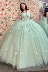 Chic & Modern Ball Gown Off Shoulder Sleeveless Pleated 3D Butterflies Appliques Big Bow Knot Mint Green Tulle Quinceanera Dress Birthday Party Dress For Sweet 16