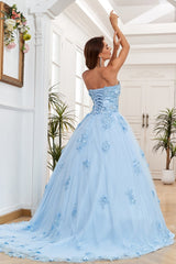 Chic & Modern Ball Gown Strapless Sleeveless Flower Appliques Lace Up Baby Blue Tulle Formal Evening Party Gown Quinceanera Dress For Sweet 16