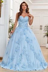 Chic & Modern Ball Gown Strapless Sleeveless Flower Appliques Lace Up Baby Blue Tulle Formal Evening Party Gown Quinceanera Dress For Sweet 16