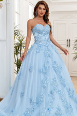 Chic & Modern Ball Gown Strapless Sleeveless Flower Appliques Lace Up Baby Blue Tulle Formal Evening Party Gown Quinceanera Dress For Sweet 16