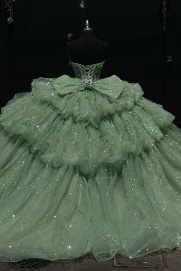 mint green quince dresses Dressystars Chic & Modern Ball Gown Sweetheart Neck Lace Up Bow Knot Tiered  Beaded Sequins Appliques Mint Green Sparkly Tulle Quinceanera Dress  Birthday Party Gown For Sweet 16