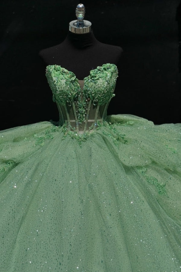 Dressystars Chic & Modern Ball Gown Sweetheart Neck Lace Up Bow Knot Tiered Beaded Sequins Appliques Mint Green Sparkly Tulle Quinceanera Dress Birthday Party Gown For Sweet 16