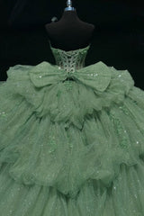 Chic & Modern Ball Gown Sweetheart Neck Lace Up Bow Knot Tiered Beaded Sequins Appliques Mint Green Sparkly Tulle Quinceanera Dress Birthday Party Gown For Sweet 16