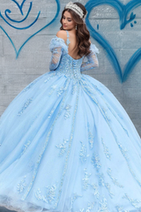 Chic & Modern Strapless Spaghetti Straps Detachable Long Sleeves Appliques Lace Up Baby Blue Tulle Quinceanera Dress Formal Evening Party Gown For Sweet 16