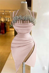 Chic Pool Sleeveless Homecoming Dress Short Pleated Cocktail Dress Appliques With Split