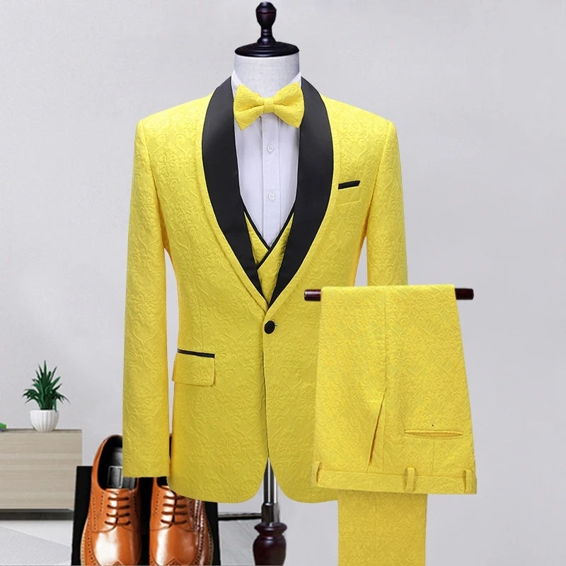 Chic Yellow Shawl Lapel 3 Piece Jacquard Prom Suit