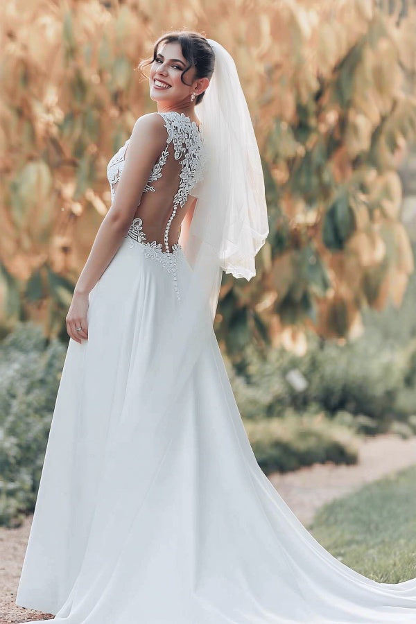 Chiffon A Line Wedding Dress with Lace Bodice and Illusion Back