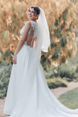 Chiffon A Line Wedding Dress with Lace Bodice and Illusion Back